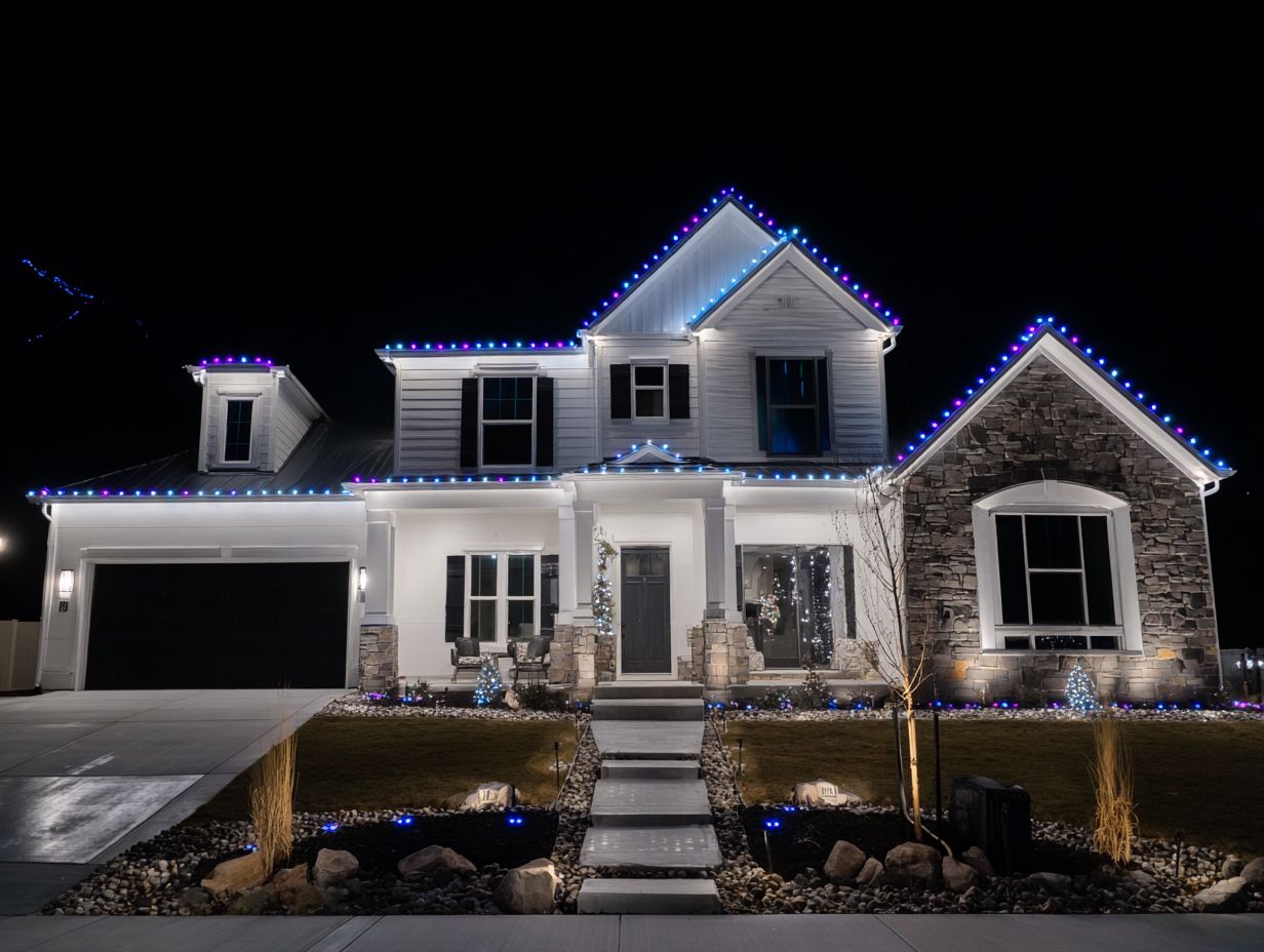 Blue and white lighting on a two story home